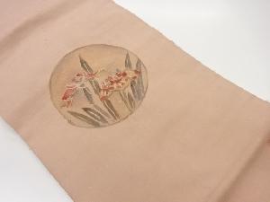 作家物　ひげ紬手描き丸文に菖蒲模様名古屋帯